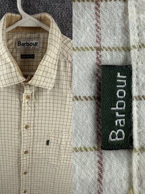Barbour Flannel Comfort Fit Beige Check USA Medium Long Sleeve Cotton Logo